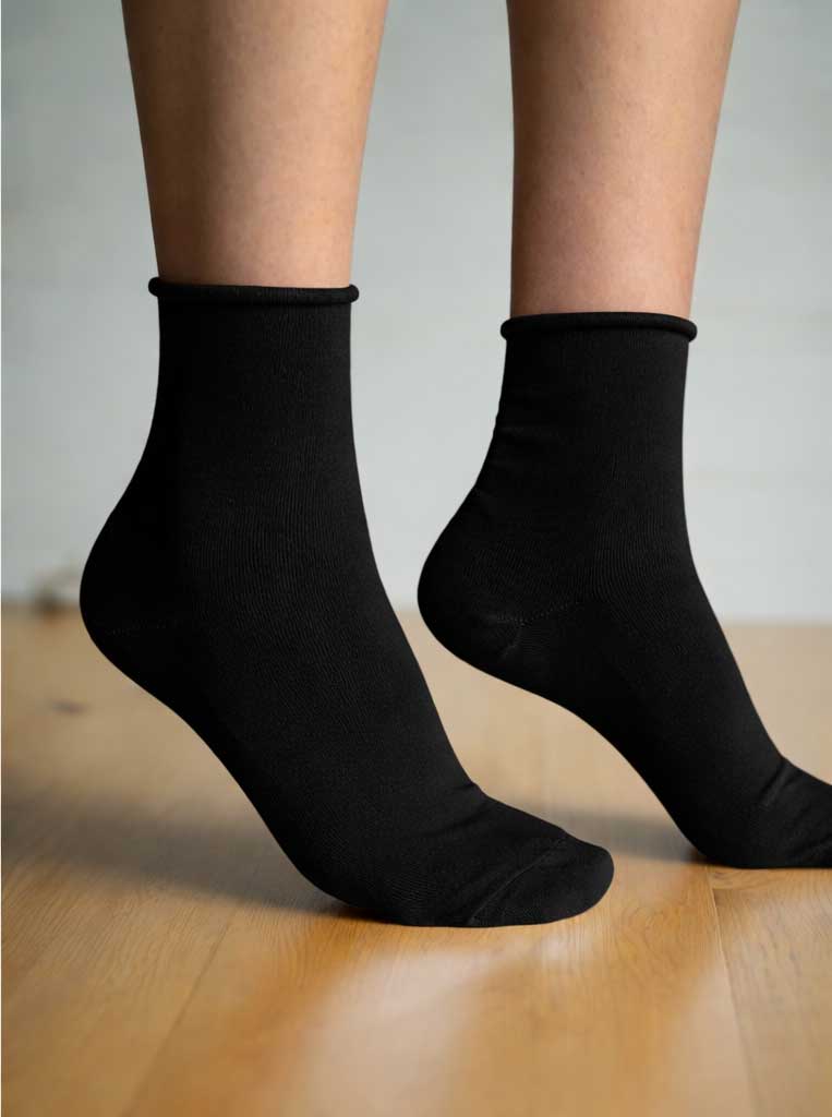 3-pk finslige bomullsokker med rullekant -sorte