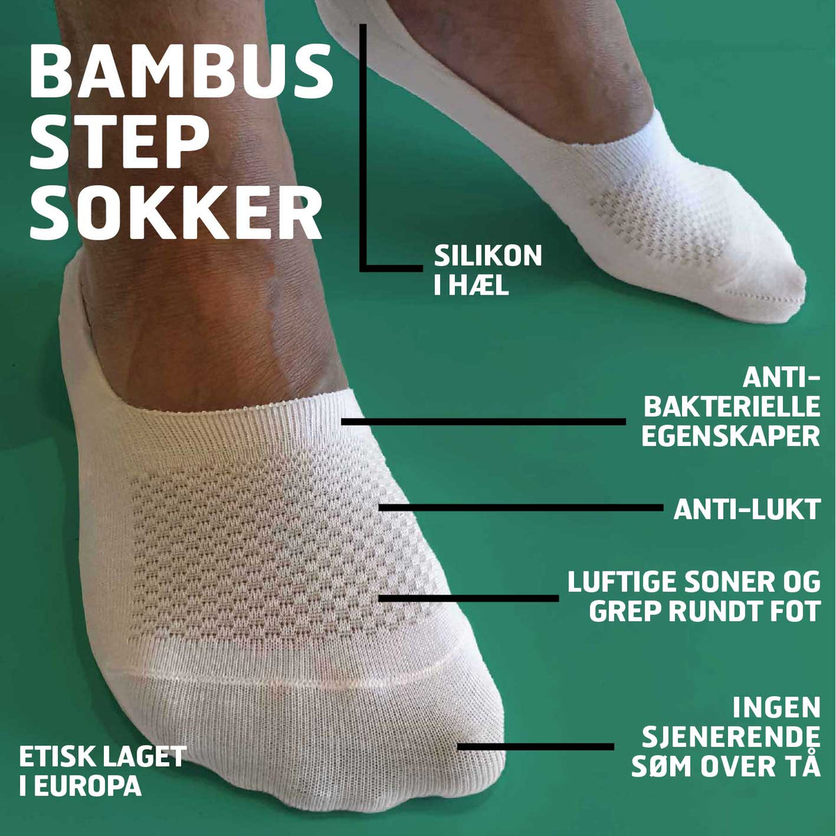 Usynlige bambussokker i hvite sneakers – Lave step sokker som ikke vises i skoene